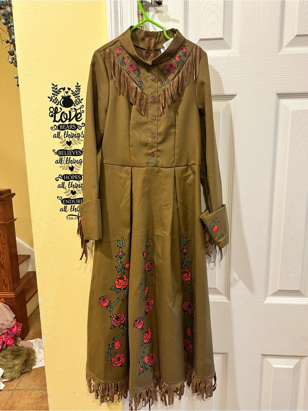 Olive Green Floral Fringe Maxi Dress